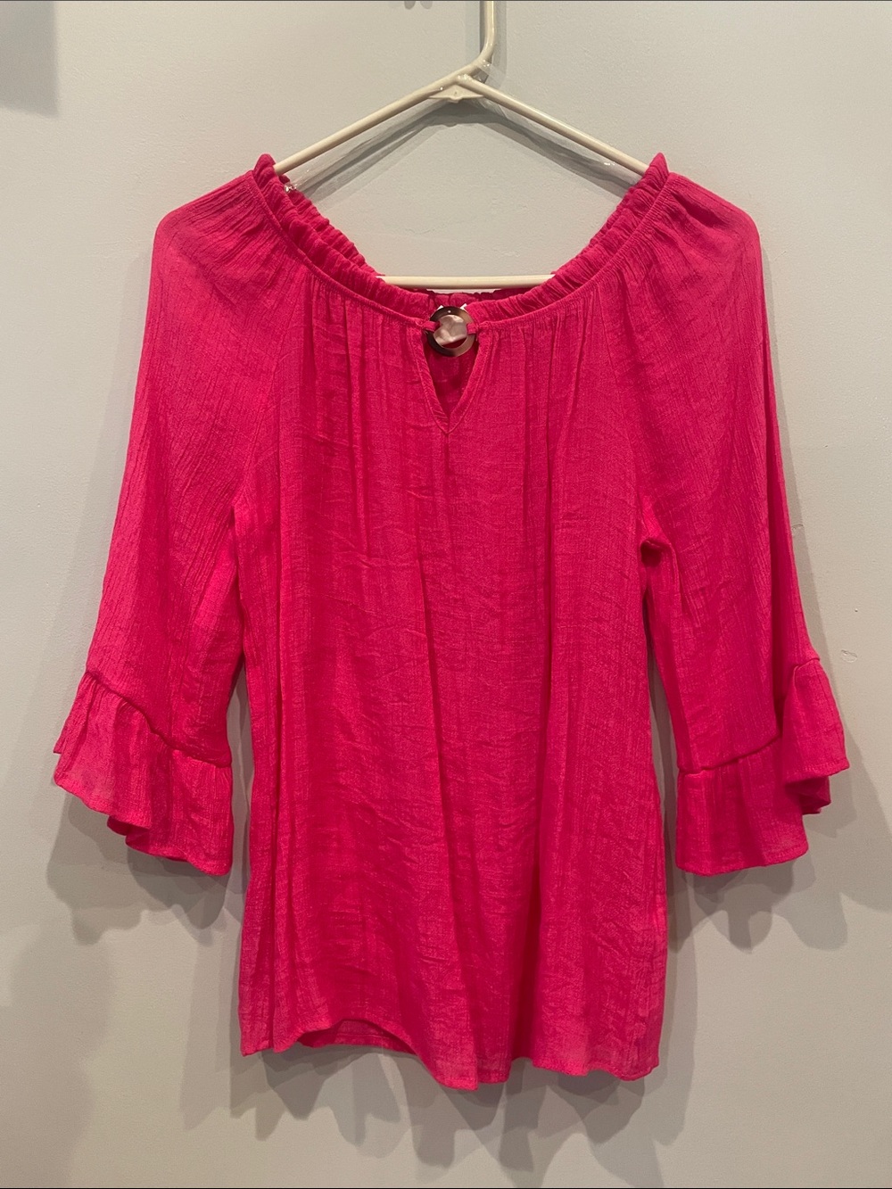 Women's Bright Pink Ruffle-Sleeve Peasant Blouse with Keyhole Ring